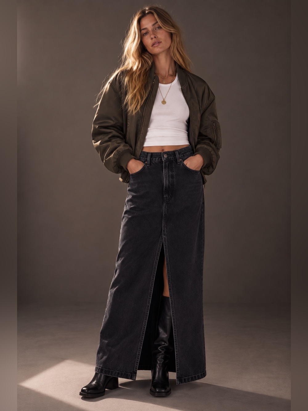 Free People We The Free Washed Navy Denim Front Slit Maxi Skirt Size 28